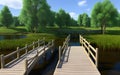Realistic 3D illustration wooden bridge in nature landscape environment for background Royalty Free Stock Photo