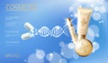 Realistic 3D innovation cosmetic DNA helix golden package makeup face care blue sky glowing blur drug capsule medicine