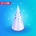 Realistic 3D Isometric illustration, Cartoon. Bright cone-shaped white Christmas tree on a beautiful blue background