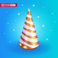 Realistic 3D Isometric illustration, Cartoon. Bright cone-shaped white Christmas tree with golden stripes on a beautiful