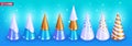 Realistic 3D Isometric illustration, Cartoon. Set of bright cone-shaped Christmas trees of different colors on a