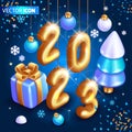 Realistic 3D Isometric illustration. Christmas card with New Year decorations. Wonderful illustration with golden