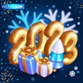 Realistic 3D Isometric illustration. Christmas with New Year decorations. Wonderful illustration with golden numbers