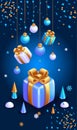 Realistic 3D Isometric illustration. Conical abstract golden Christmas trees. White Deer. Christmas balls are hanging on