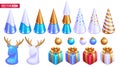 Realistic 3D Isometric illustration. Set of colorful Christmas decorations. Christmas trees, gift boxes, Christmas balls Royalty Free Stock Photo