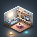 Realistic 3D isometric view livingroom interior, AI generated image Royalty Free Stock Photo