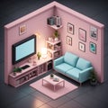 Realistic 3D isometric view livingroom interior, AI generated image Royalty Free Stock Photo