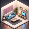 Realistic 3D isometric view livingroom interior, AI generated image Royalty Free Stock Photo