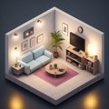 Realistic 3D isometric view livingroom interior, AI generated image Royalty Free Stock Photo