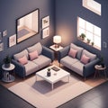 Realistic 3D isometric view livingroom interior, AI generated image Royalty Free Stock Photo