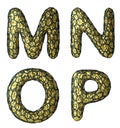 Realistic 3D letter set M, N, O, P made of gold shining metal .