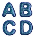 Realistic 3D letters set A, B, C, D made of blue plastic.