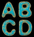 Realistic 3D letters set A, B, C, D made of gold shining metal letters.