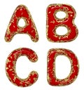 Realistic 3D letters set A, B, C, D made of gold shining metal letters.