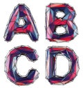 Realistic 3D letters set A, B, C, D made of low poly style. Collection symbols of low poly style red color glass