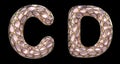 Realistic 3D letters set C, D made of gold shining metal letters.