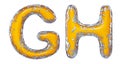 Realistic 3D letters set G, H made of silver shining metal letters.
