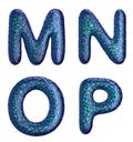 Realistic 3D letters set M, N, O, P made of blue plastic.