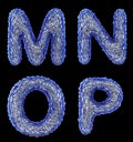 Realistic 3D letters set M, N, O, P made of blue plastic.