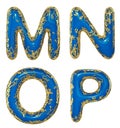 Realistic 3D letters set M, N, O, P made of gold shining metal letters.