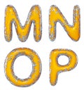 Realistic 3D letters set M, N, O,P made of gold shining metal letters.