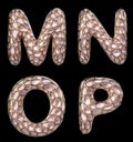 Realistic 3D letters set M, N, O, P made of gold shining metal letters.