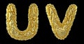 Realistic 3D letters set U, V made of crumpled foil. Collection symbols of crumpled gold foil isolated on black