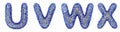 Realistic 3D letters set U, V, W, X made of blue plastic. Royalty Free Stock Photo