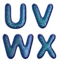 Realistic 3D letters set U, V, W, X made of blue plastic.