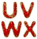 Realistic 3D letters set U, V, W, X made of gold shining metal letters.