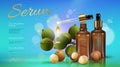 Realistic 3d macadamia nut oil cosmetic ad template. Light blue sunny sky transparent glass essence bottle pipette serum