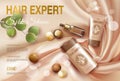 Realistic 3d macadamia nut oil cosmetic ad template. Light golden silk fabric hair shampoo conditioner serum transparent