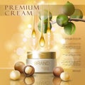 Realistic 3d macadamia nut oil cosmetic ad template. Light pink shiny serum cream mockup beauty skin care. Promotional