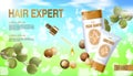 Realistic 3d macadamia nut oil cosmetic ad template. Light summer sky sunny hair shampoo conditioner serum transparent
