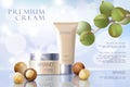 Realistic 3d macadamia nut oil cosmetic ad template. Soft color light white silver essence tube mockup serum face hair