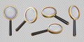 Realistic 3d magnifying glass top and angle view. Magnifier with transparent lens. Magnify lupa, zoom equipment. Search
