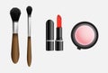 Realistic 3d makeup vector set cosmetic. Eyeliner brush, lipstick and powder ads illustration. Advertisement template professional