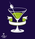 Realistic 3d martini glass with olive berry and classic ribbon,