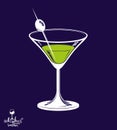 Realistic 3d martini glass with olive berry placed over dark background, beverage theme illustration. Stylized artistic lounge ob