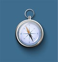 Realistic 3d Metal Silver Steel Vintage Antique Compass Isolated On Blue Background. Vector Illustration Royalty Free Stock Photo