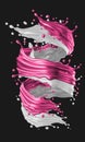 Realistic 3D milk and pink strawberry spiral mix design for food drink on grey background vector