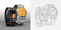 Realistic 3d models of digital and mechanical steel watches. Smart and classic Watches Poster Design Template. Coloring page and