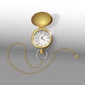 Realistic 3d models of gold pocket watch with chain. Golden classic pocket Watches Poster Design Template. Vector Illustration Royalty Free Stock Photo