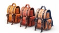 This is a realistic 3d modern icon set of realistic school bags, backpacks, and rucksacks with webbing in orange and red