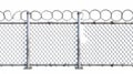 Realistic 3d modern illustration of a fence with barbed wire, metal grid with gate, prison perimeter protection barrier Royalty Free Stock Photo