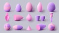 Realistic 3D modern illustration of makeup blenders, sponges for powder, concealer, foundation, pink and purple Royalty Free Stock Photo