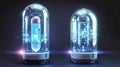 A realistic 3d modern illustration showing cryonics capsules, empty and full containers, cryogenic liquid for