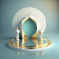 Realistic 3d modern islamic background of futuristic mosque with podium scene and stage for product display