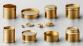 A realistic 3d modern set of gold tin cans, fish or pet food mockup with pull rings at the top and the front. Closed and Royalty Free Stock Photo