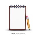 Realistic 3D notepad icon with a pencil, blank white sheet and empty space for any text or logo